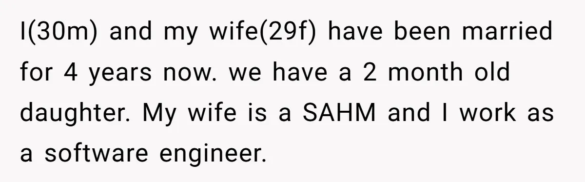 I(30m) and my wife(29f) have been married for 4 years now. we have a 2 month old daughter. My wife is a SAHM and I work as a software engineer.