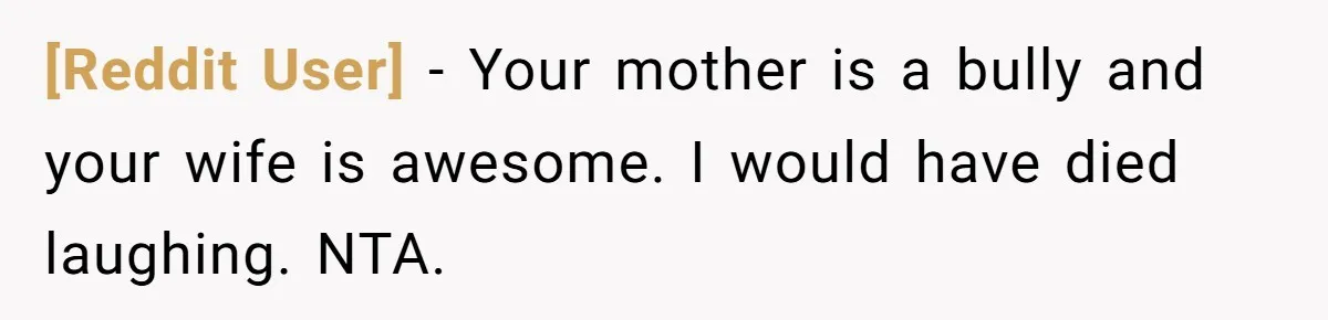 [Reddit User] − Your mother is a bully and your wife is awesome. I would have died laughing. NTA.
