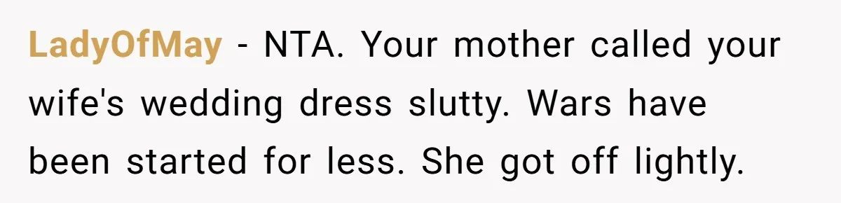 When a Mother-in-Law Criticizes a Wedding Dress and Gets a Real Response LadyOfMay − NTA. Your mother called your wife's wedding dress slutty. Wars have been started for less. She got off lightly.