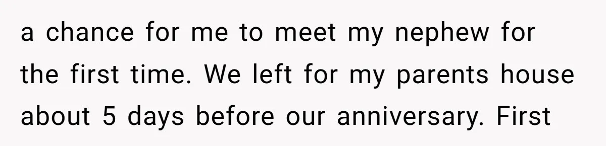 When a Mother-in-Law Criticizes a Wedding Dress and Gets a Real Response a chance for me to meet my nephew for the first time. We left for my parents house about 5 days before our anniversary. First