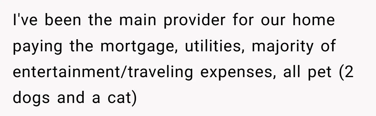 I've been the main provider for our home paying the mortgage, utilities, majority of entertainment/traveling expenses, all pet (2 dogs and a cat)