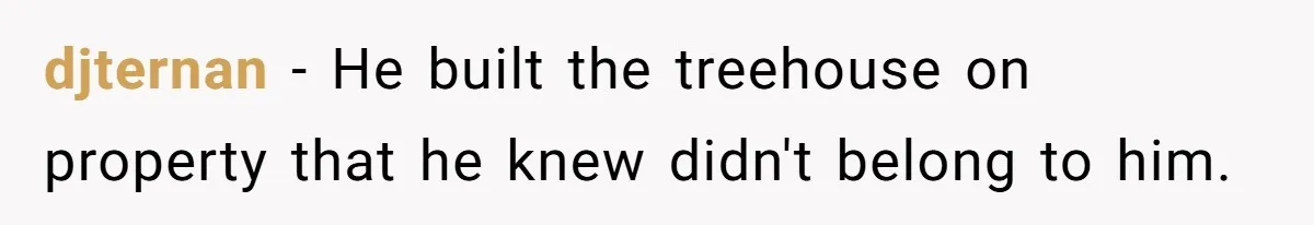 djternan − He built the treehouse on property that he knew didn't belong to him.