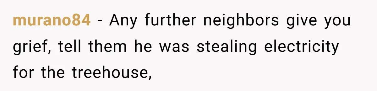 murano84 − Any further neighbors give you grief, tell them he was stealing electricity for the treehouse,