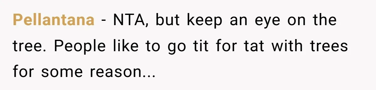 Pellantana − NTA, but keep an eye on the tree. People like to go tit for tat with trees for some reason...