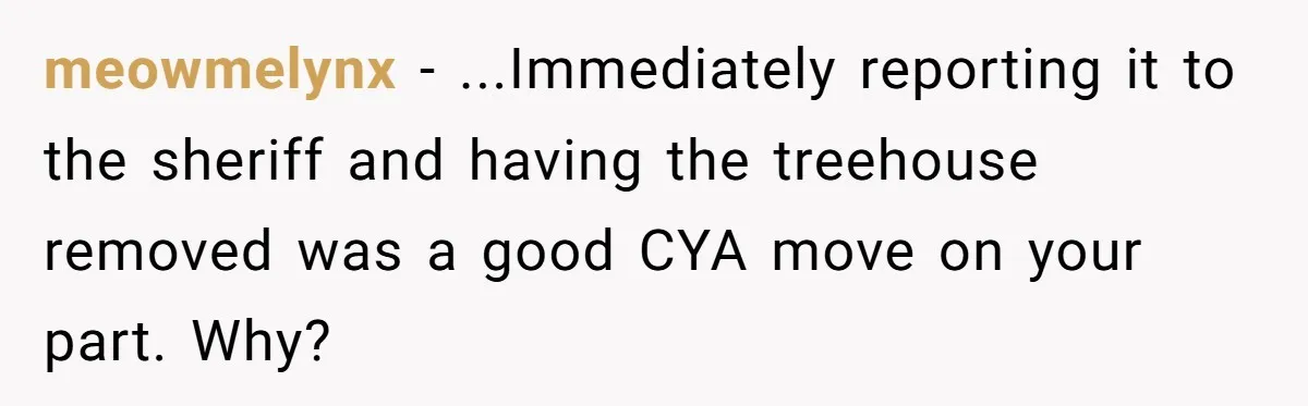 meowmelynx − ...Immediately reporting it to the sheriff and having the treehouse removed was a good CYA move on your part. Why?