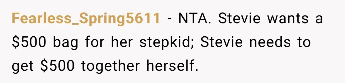 Fearless_Spring5611 − NTA. Stevie wants a $500 bag for her stepkid; Stevie needs to get $500 together herself.