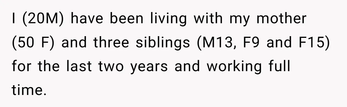 I (20M) have been living with my mother (50 F) and three siblings (M13, F9 and F15) for the last two years and working full time.