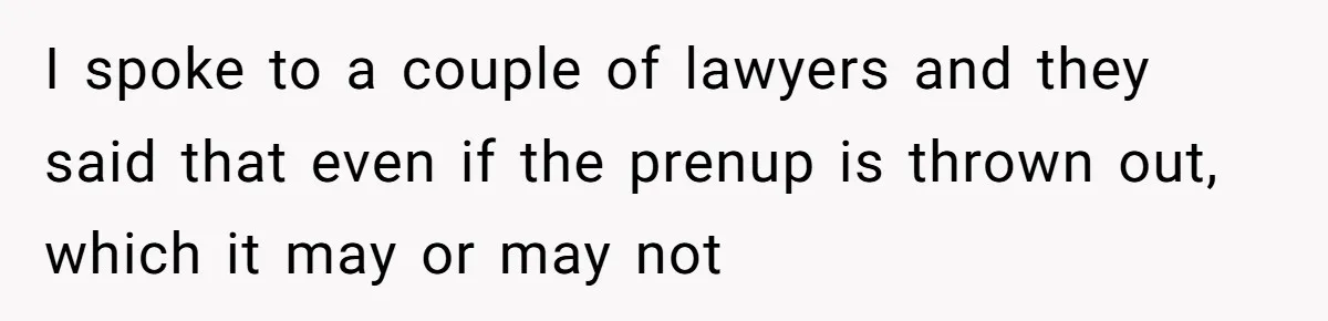 I spoke to a couple of lawyers and they said that even if the prenup is thrown out, which it may or may not