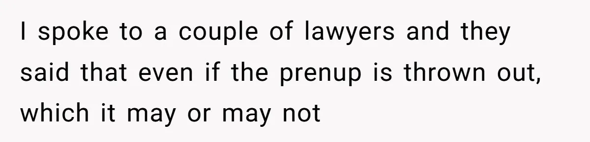 I spoke to a couple of lawyers and they said that even if the prenup is thrown out, which it may or may not
