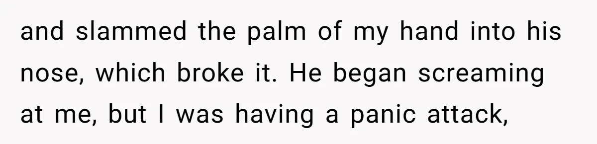 and slammed the palm of my hand into his nose, which broke it. He began screaming at me, but I was having a panic attack,