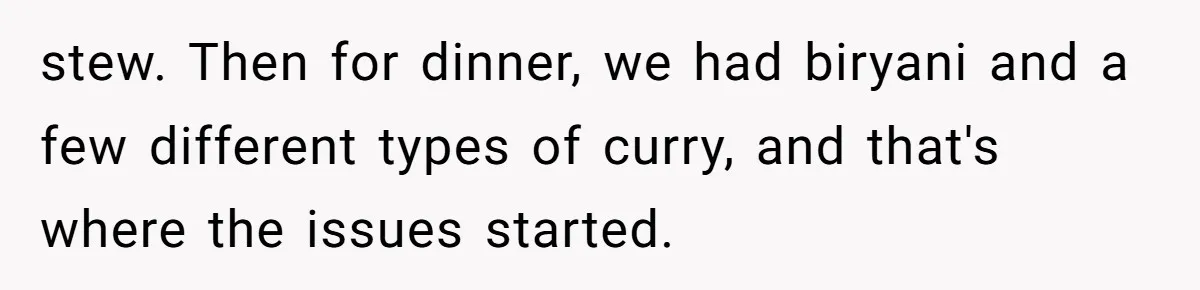 stew. Then for dinner, we had biryani and a few different types of curry, and that's where the issues started.