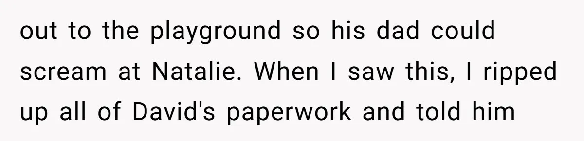 out to the playground so his dad could scream at Natalie. When I saw this, I ripped up all of David's paperwork and told him