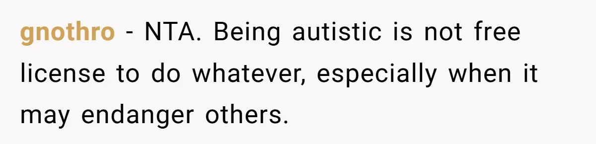 gnothro − NTA. Being autistic is not free license to do whatever, especially when it may endanger others.