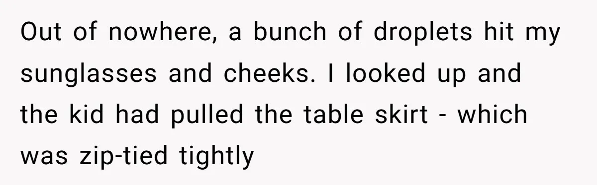 Out of nowhere, a bunch of droplets hit my sunglasses and cheeks. I looked up and the kid had pulled the table skirt - which was zip-tied tightly
