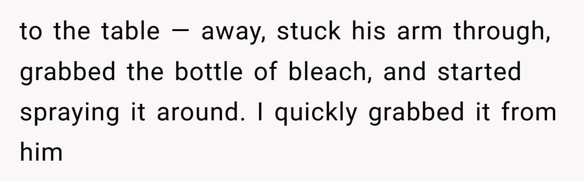 to the table — away, stuck his arm through, grabbed the bottle of bleach, and started spraying it around. I quickly grabbed it from him