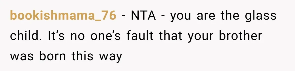 bookishmama_76 − NTA - you are the glass child. It’s no one’s fault that your brother was born this way