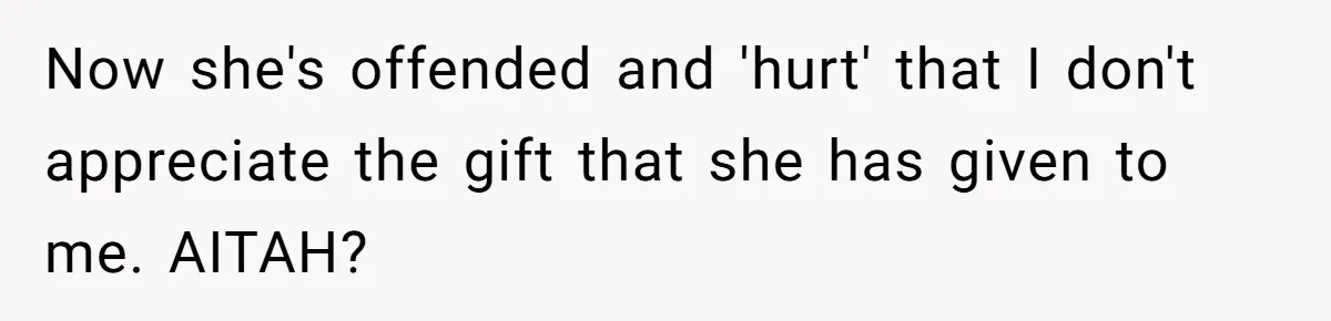 Now she's offended and 'hurt' that I don't appreciate the gift that she has given to me. AITAH?