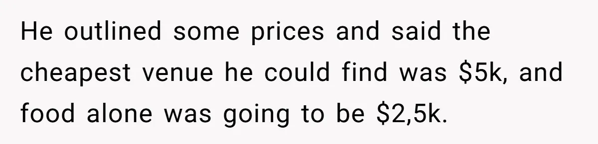 He outlined some prices and said the cheapest venue he could find was $5k, and food alone was going to be $2,5k.