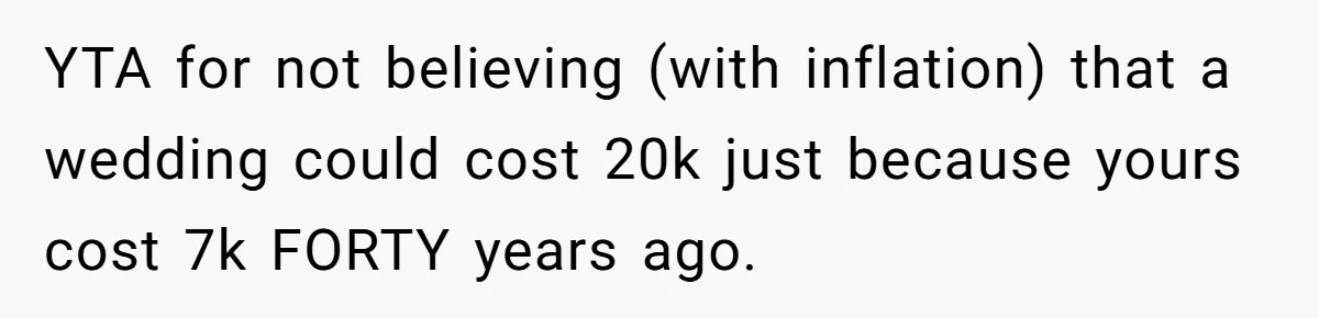 YTA for not believing (with inflation) that a wedding could cost 20k just because yours cost 7k FORTY years ago.