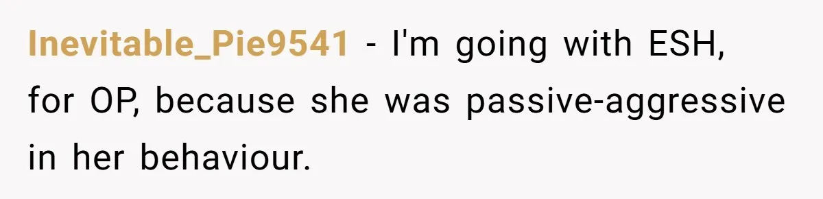 Inevitable_Pie9541 − I'm going with ESH, for OP, because she was passive-aggressive in her behaviour.
