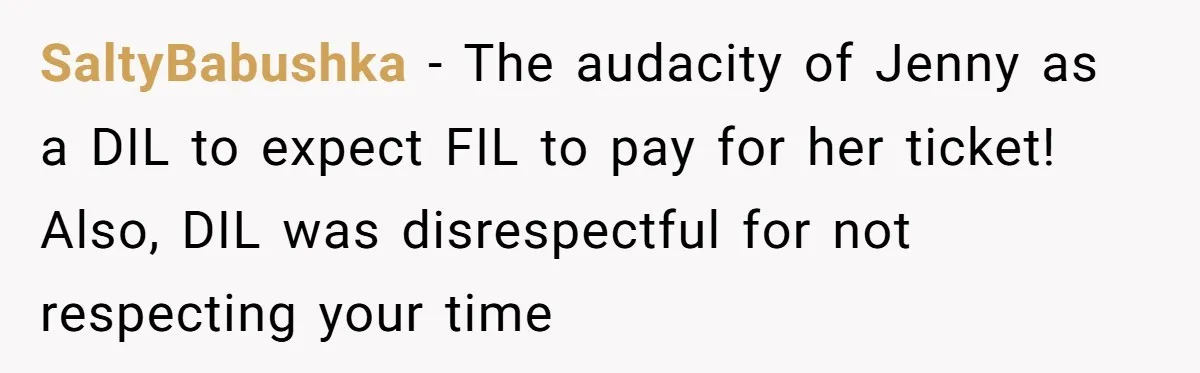 SaltyBabushka − The audacity of Jenny as a DIL to expect FIL to pay for her ticket! Also, DIL was disrespectful for not respecting your time