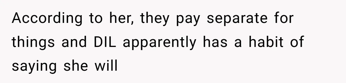 According to her, they pay separate for things and DIL apparently has a habit of saying she will