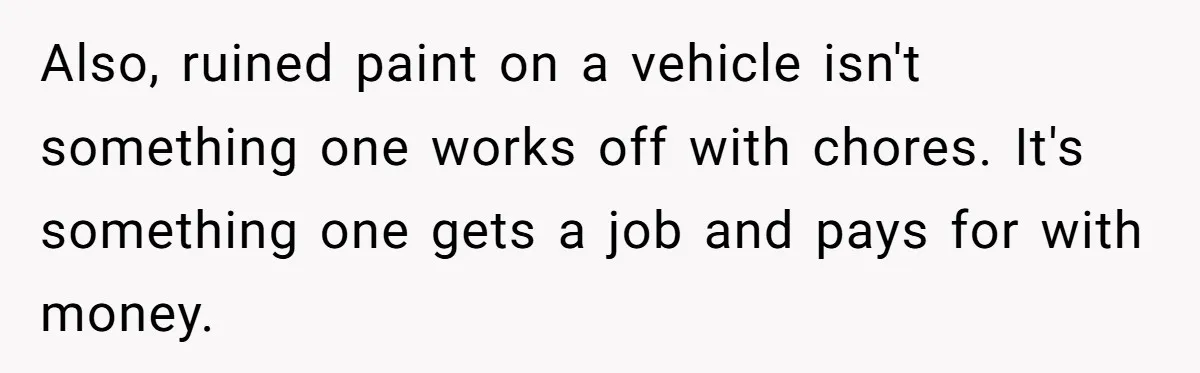 Also, ruined paint on a vehicle isn't something one works off with chores. It's something one gets a job and pays for with money.