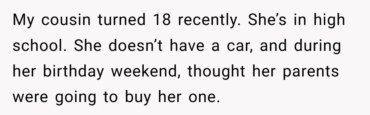 My cousin turned 18 recently. She’s in high school. She doesn’t have a car, and during her birthday weekend, thought her parents were going to buy her one.
