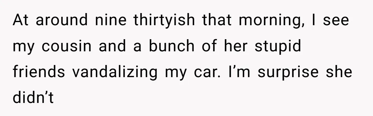 At around nine thirtyish that morning, I see my cousin and a bunch of her stupid friends vandalizing my car. I’m surprise she didn’t