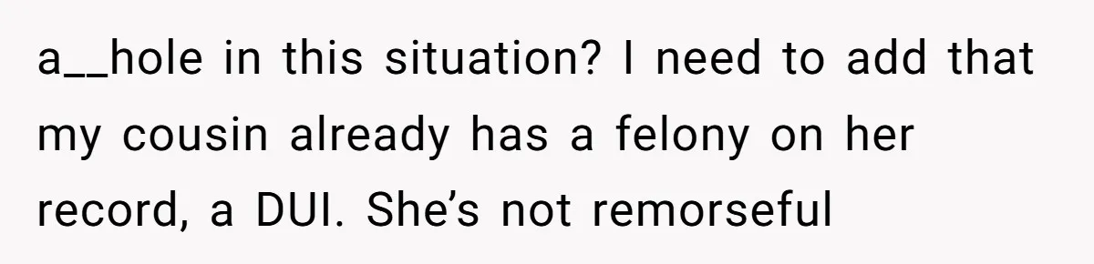 a__hole in this situation? I need to add that my cousin already has a felony on her record, a DUI. She’s not remorseful