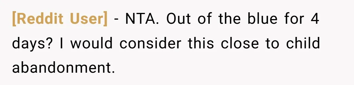 [Reddit User] − NTA. Out of the blue for 4 days? I would consider this close to child abandonment.