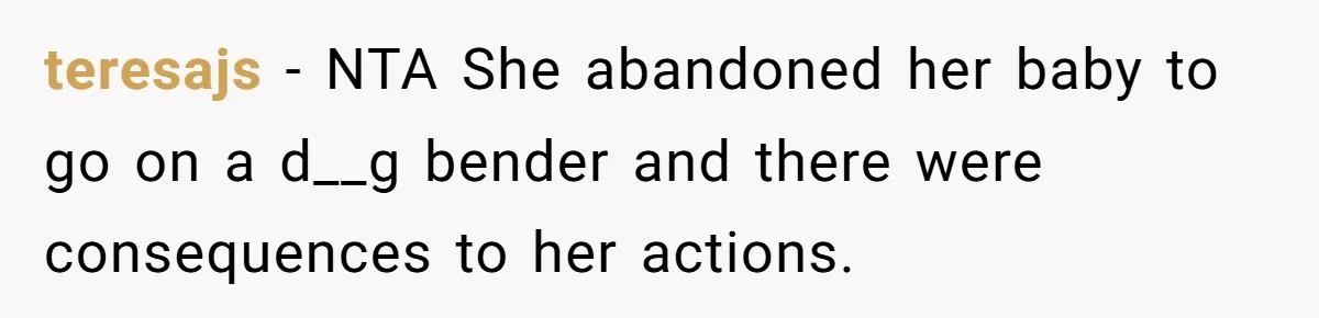 teresajs − NTA She abandoned her baby to go on a d__g bender and there were consequences to her actions.