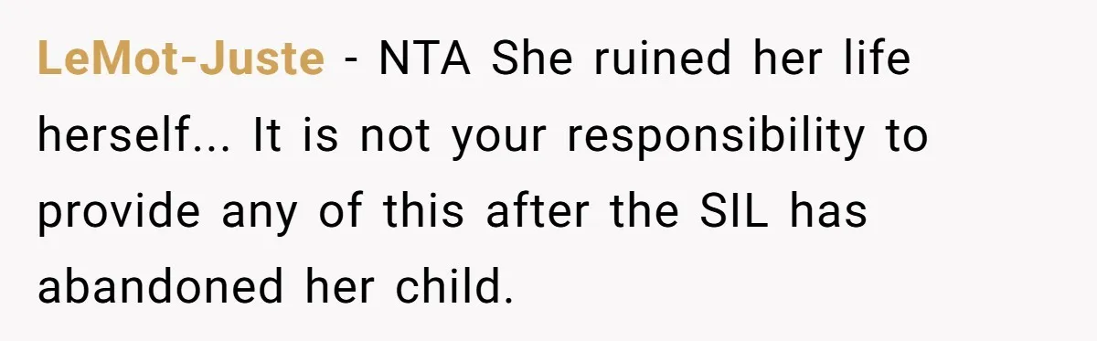 LeMot-Juste − NTA She ruined her life herself... It is not your responsibility to provide any of this after the SIL has abandoned her child.