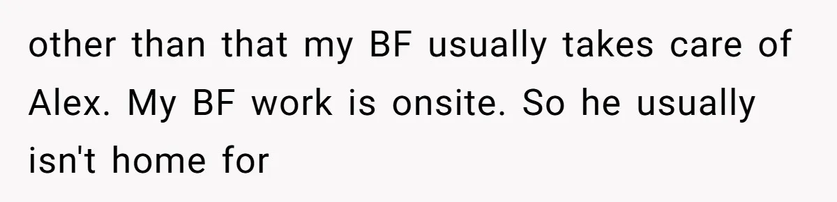 other than that my BF usually takes care of Alex. My BF work is onsite. So he usually isn't home for
