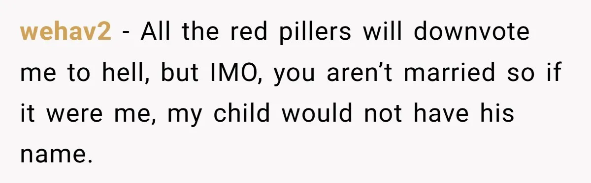 wehav2 − All the red pillers will downvote me to hell, but IMO, you aren’t married so if it were me, my child would not have his name.