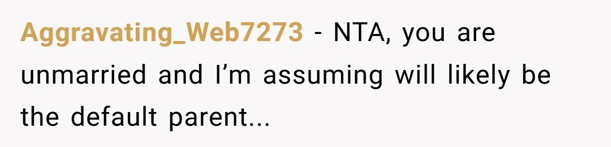 Aggravating_Web7273 − NTA, you are unmarried and I’m assuming will likely be the default parent...