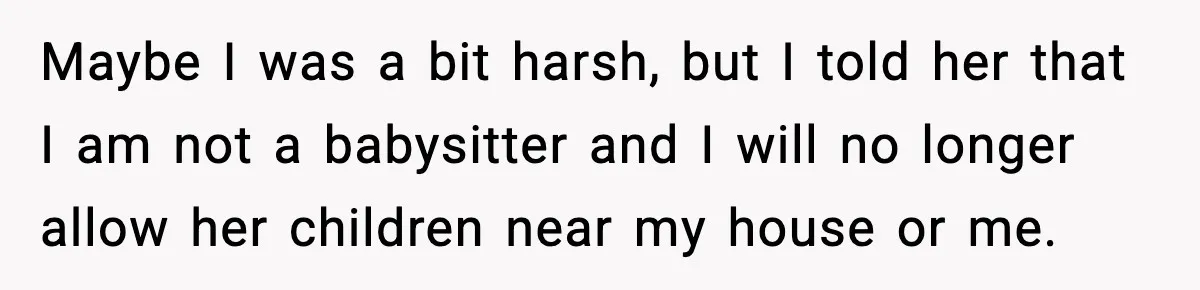 Maybe I was a bit harsh, but I told her that I am not a babysitter and I will no longer allow her children near my house or me.