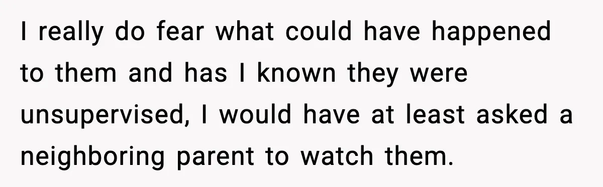 I really do fear what could have happened to them and has I known they were unsupervised, I would have at least asked a neighboring parent to watch them.