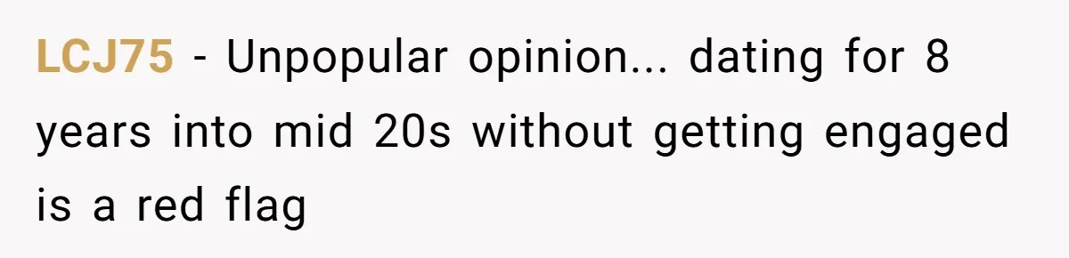 LCJ75 − Unpopular opinion... dating for 8 years into mid 20s without getting engaged is a red flag
