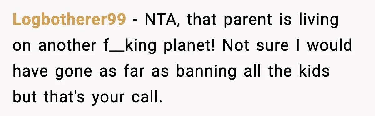 Logbotherer99 - NTA, that parent is living on another f__king planet! Not sure I would have gone as far as banning all the kids but that's your call.
