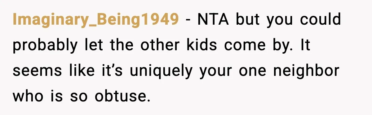 Imaginary_Being1949 - NTA but you could probably let the other kids come by. It seems like it’s uniquely your one neighbor who is so obtuse.