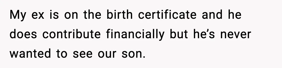 My ex is on the birth certificate and he does contribute financially but he’s never wanted to see our son.