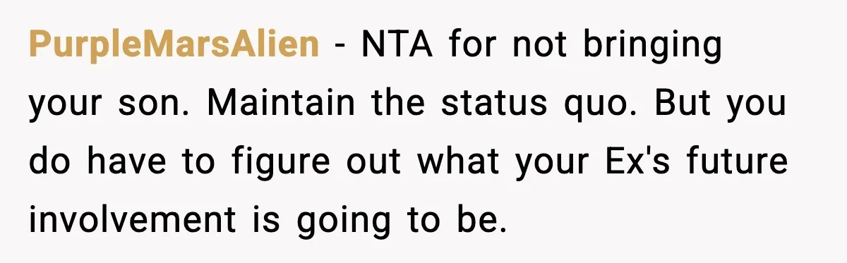 PurpleMarsAlien - NTA for not bringing your son. Maintain the status quo. But you do have to figure out what your Ex's future involvement is going to be.