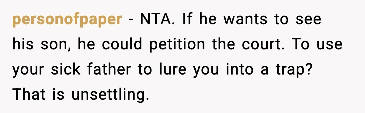 personofpaper - NTA. If he wants to see his son, he could petition the court. To use your sick father to lure you into a trap? That is unsettling.