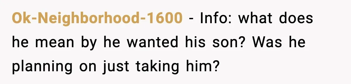 Ok-Neighborhood-1600 - Info: what does he mean by he wanted his son? Was he planning on just taking him?