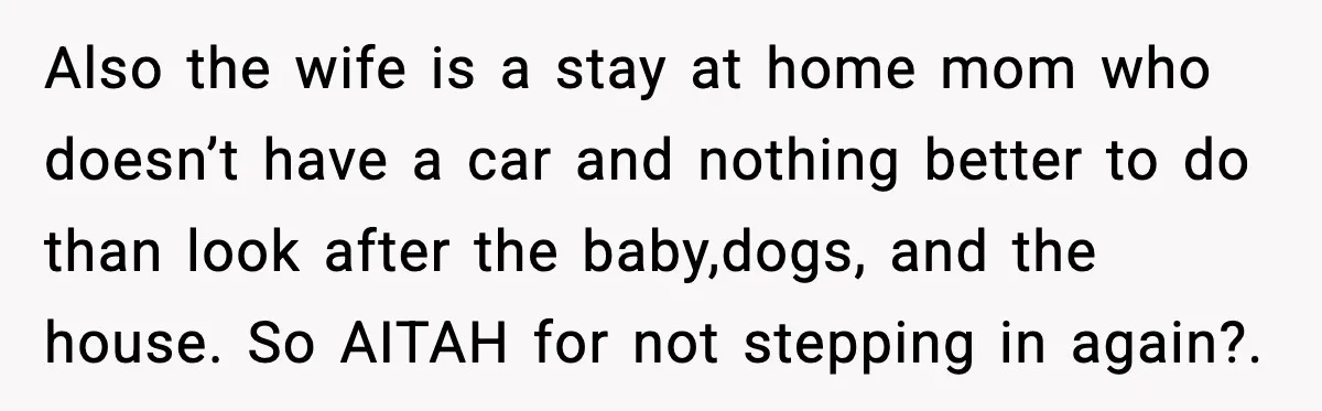 Also the wife is a stay at home mom who doesn’t have a car and nothing better to do than look after the baby,dogs, and the house. So AITAH for...
