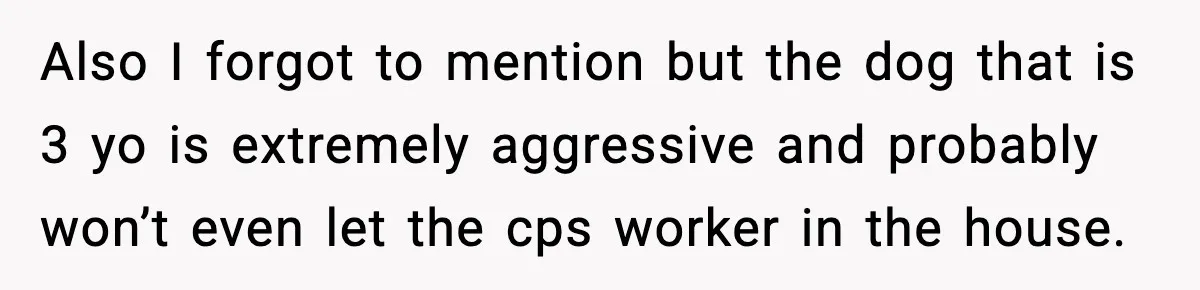Also I forgot to mention but the dog that is 3 yo is extremely aggressive and probably won’t even let the cps worker in the house.