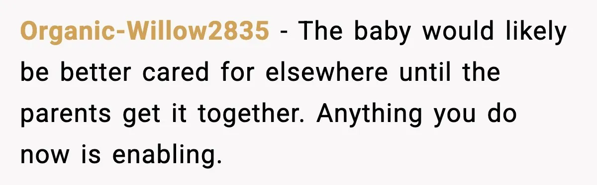 Organic-Willow2835 - The baby would likely be better cared for elsewhere until the parents get it together. Anything you do now is enabling.