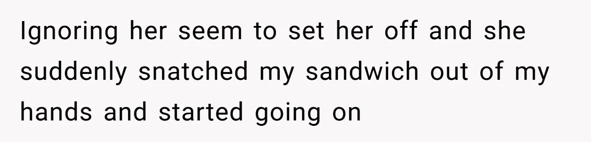 Ignoring her seem to set her off and she suddenly snatched my sandwich out of my hands and started going on