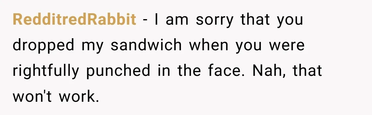 RedditredRabbit − I am sorry that you dropped my sandwich when you were rightfully punched in the face. Nah, that won't work.